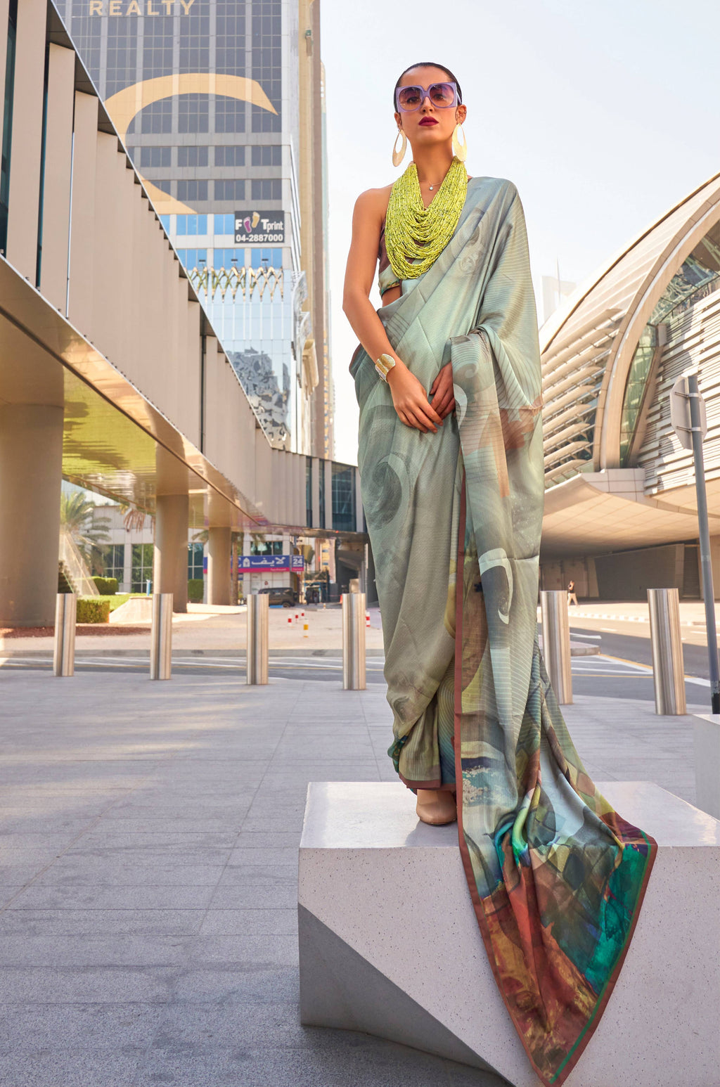 Monjolika Fashion Grey Color Swiss Satin Printed Saree With Blouse | Grocsy