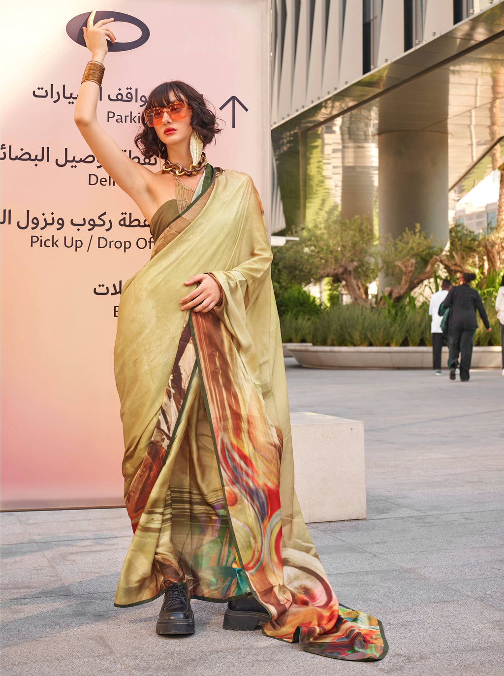 Monjolika Fashion Light Peach Color Swiss Satin Printed Saree With Blouse | Grocsy