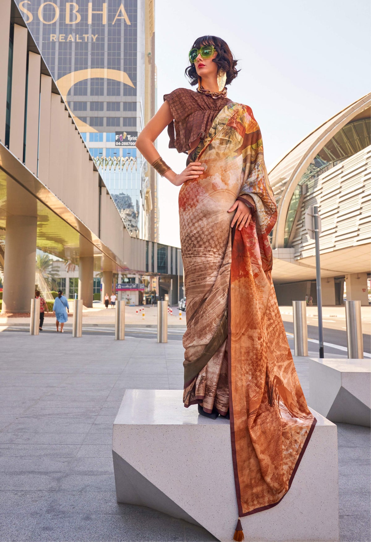 Monjolika Fashion Brown Color Swiss Satin Printed Saree With Blouse | Grocsy