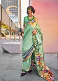 Monjolika Fashion Sea Green Color Swiss Satin Printed Saree With Blouse | Grocsy