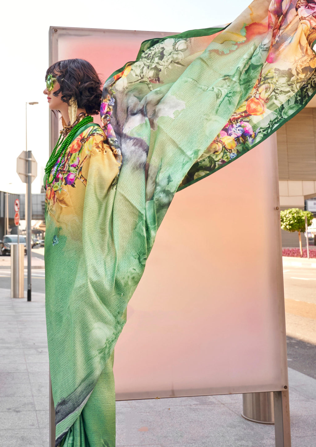 Monjolika Fashion Sea Green Color Swiss Satin Printed Saree With Blouse | Grocsy
