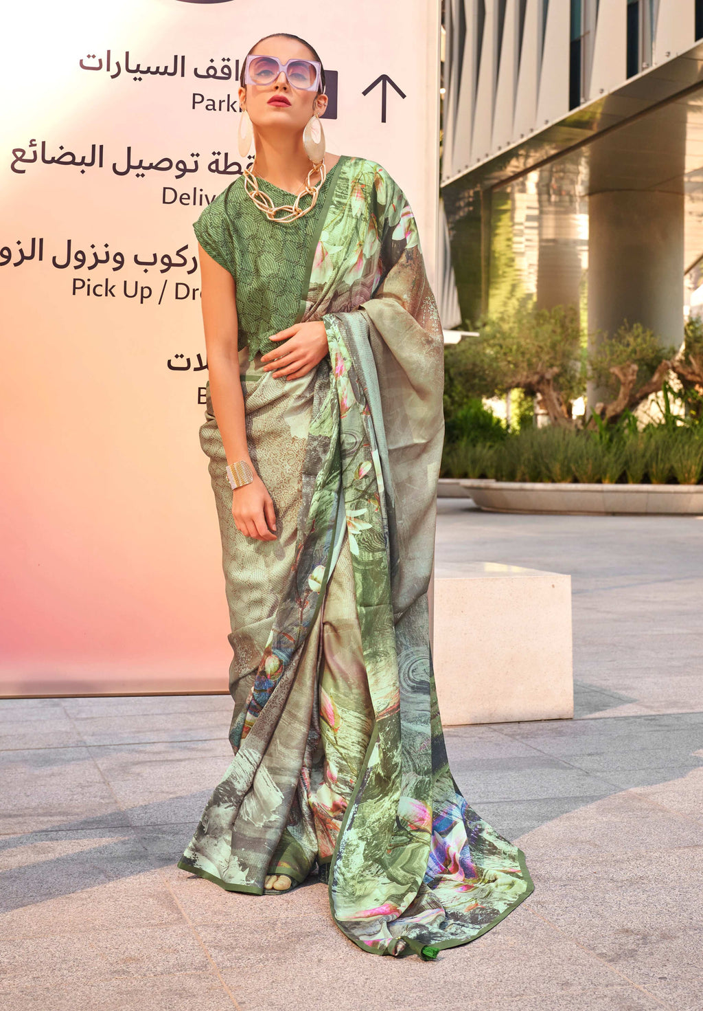 Monjolika Fashion Light Olive Color Swiss Satin Printed Saree With Blouse | Grocsy