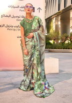 Monjolika Fashion Light Olive Color Swiss Satin Printed Saree With Blouse | Grocsy