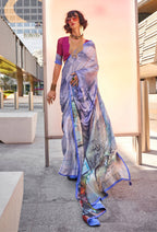 Monjolika Fashion Light Blue Color Swiss Satin Printed Saree With Blouse | Grocsy