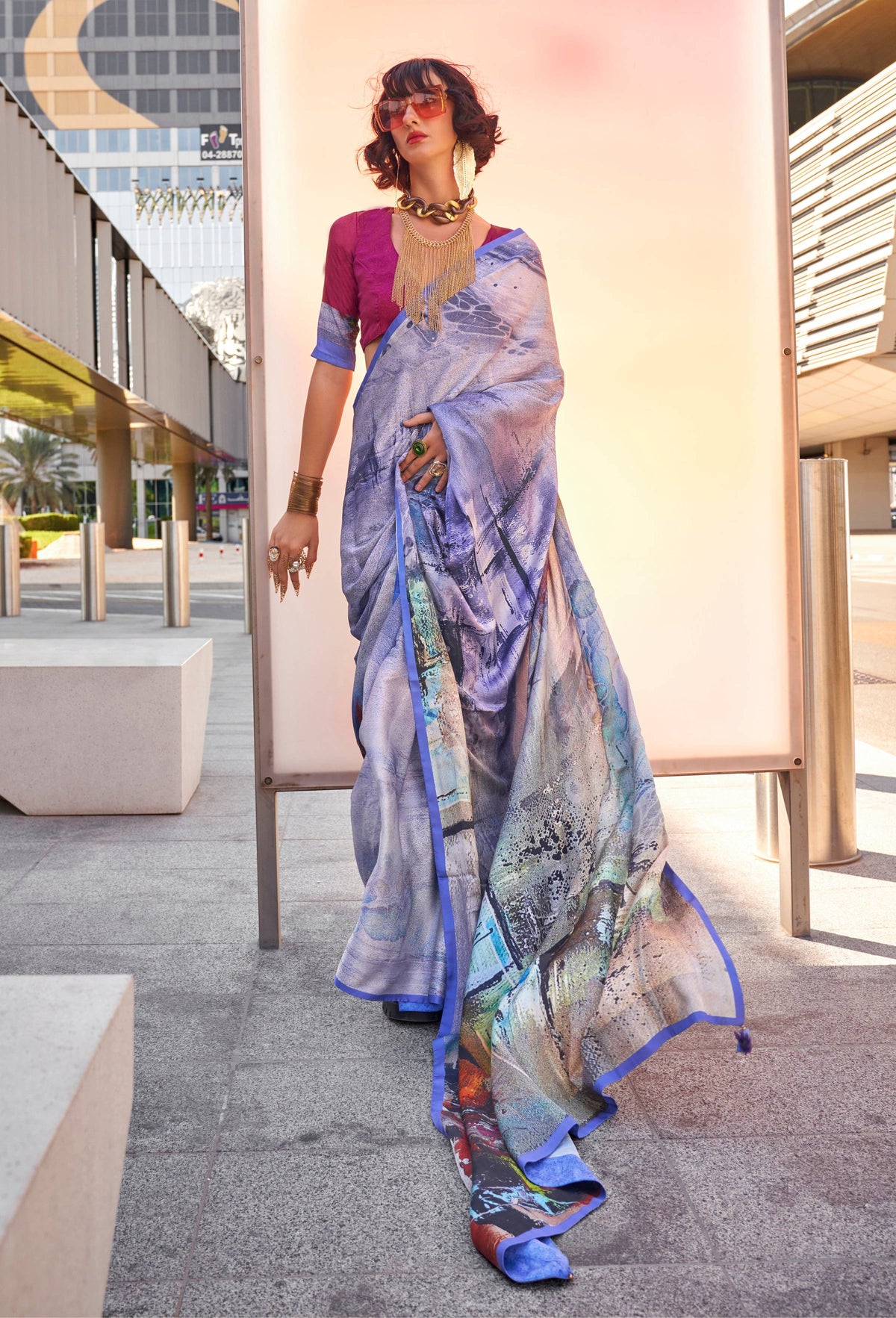 Monjolika Fashion Light Blue Color Swiss Satin Printed Saree With Blouse | Grocsy