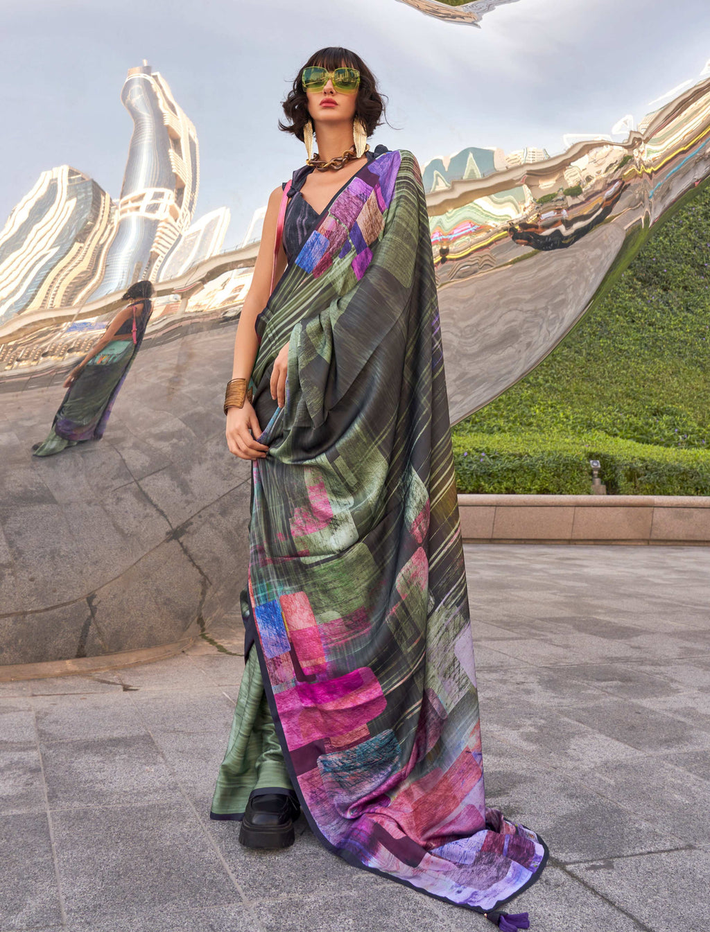 Monjolika Fashion Black Color Swiss Satin Printed Saree With Blouse | Grocsy