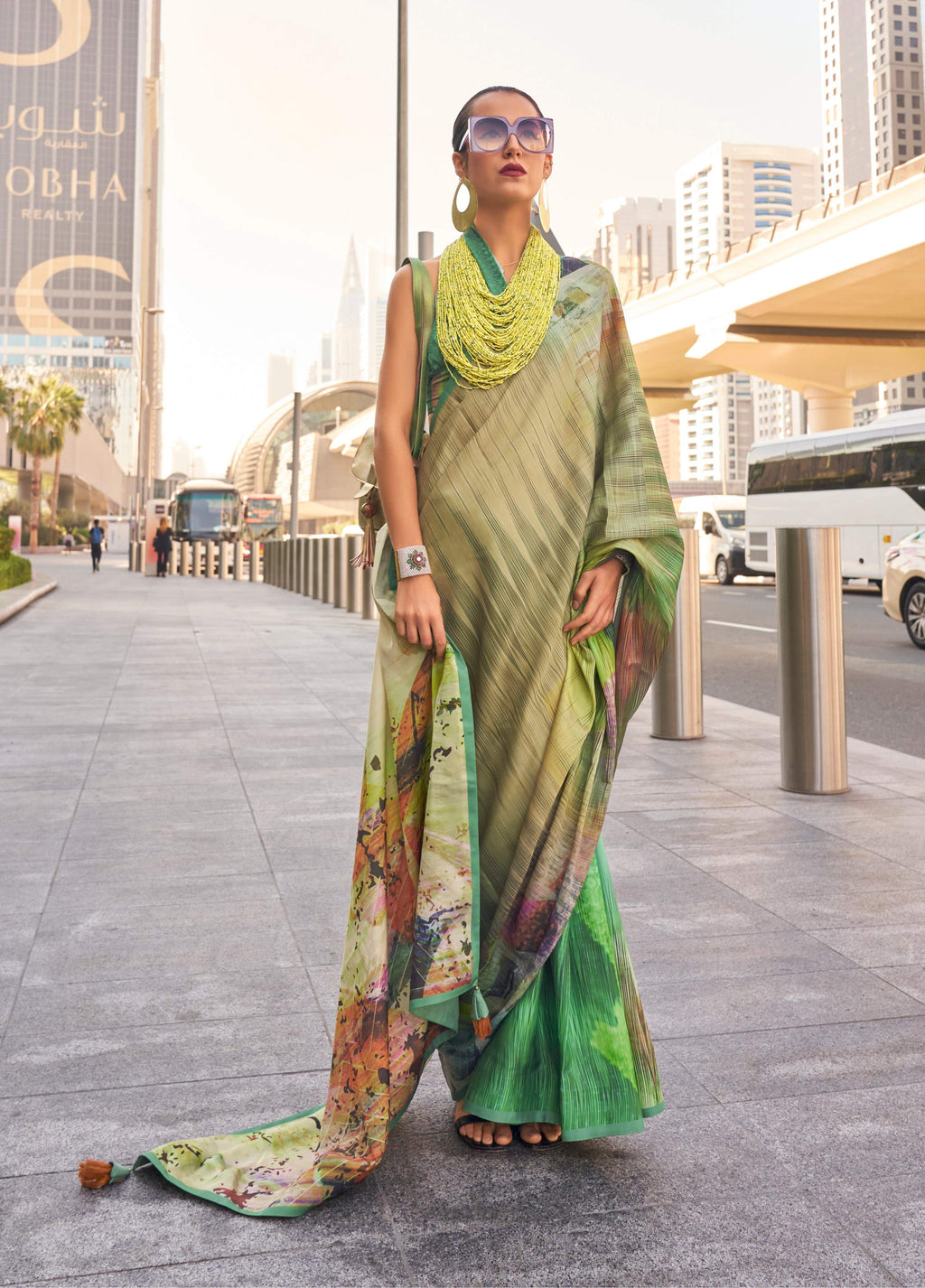 Monjolika Fashion Beige Color Swiss Satin Printed Saree With Blouse | Grocsy