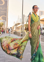 Monjolika Fashion Beige Color Swiss Satin Printed Saree With Blouse | Grocsy