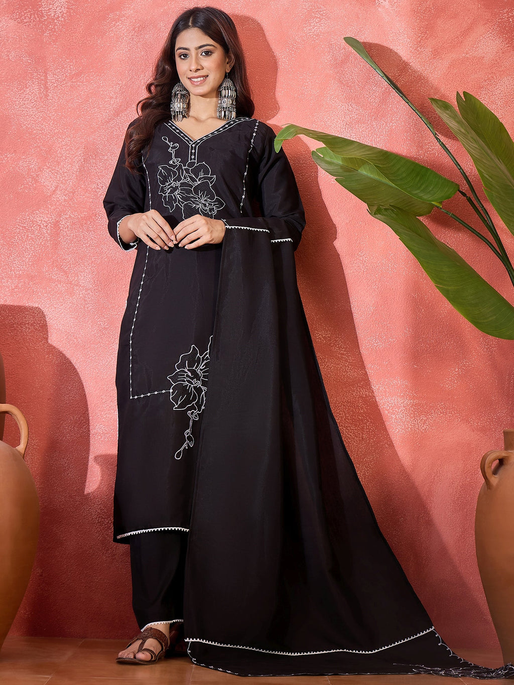 Joban Fashion Black Silk Embroidery Readymade Kurta Set | Grocsy