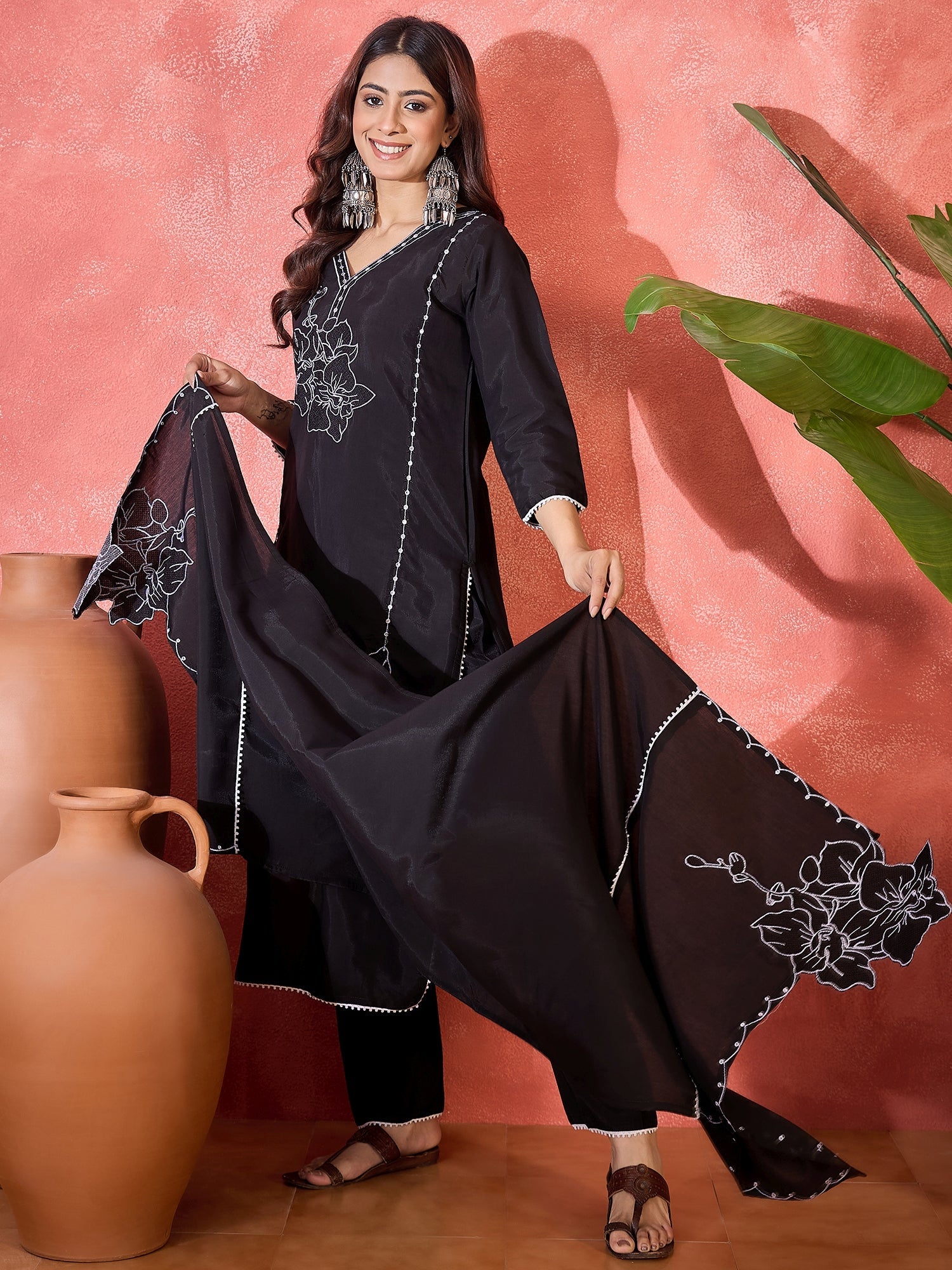 Joban Fashion Black Silk Embroidery Readymade Kurta Set | Grocsy