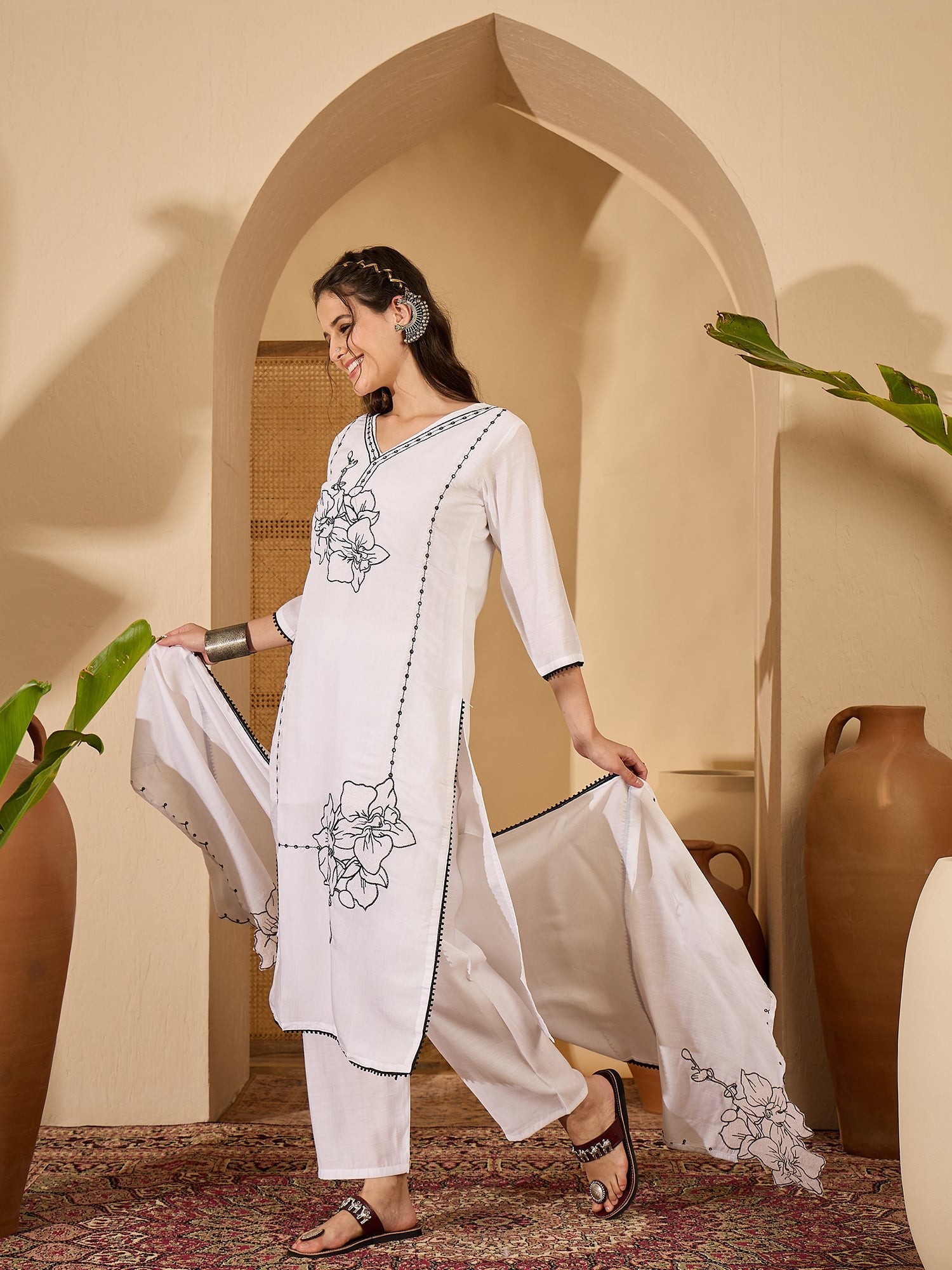 Joban Fashion White Silk Embroidery Readymade Kurta Set | Grocsy