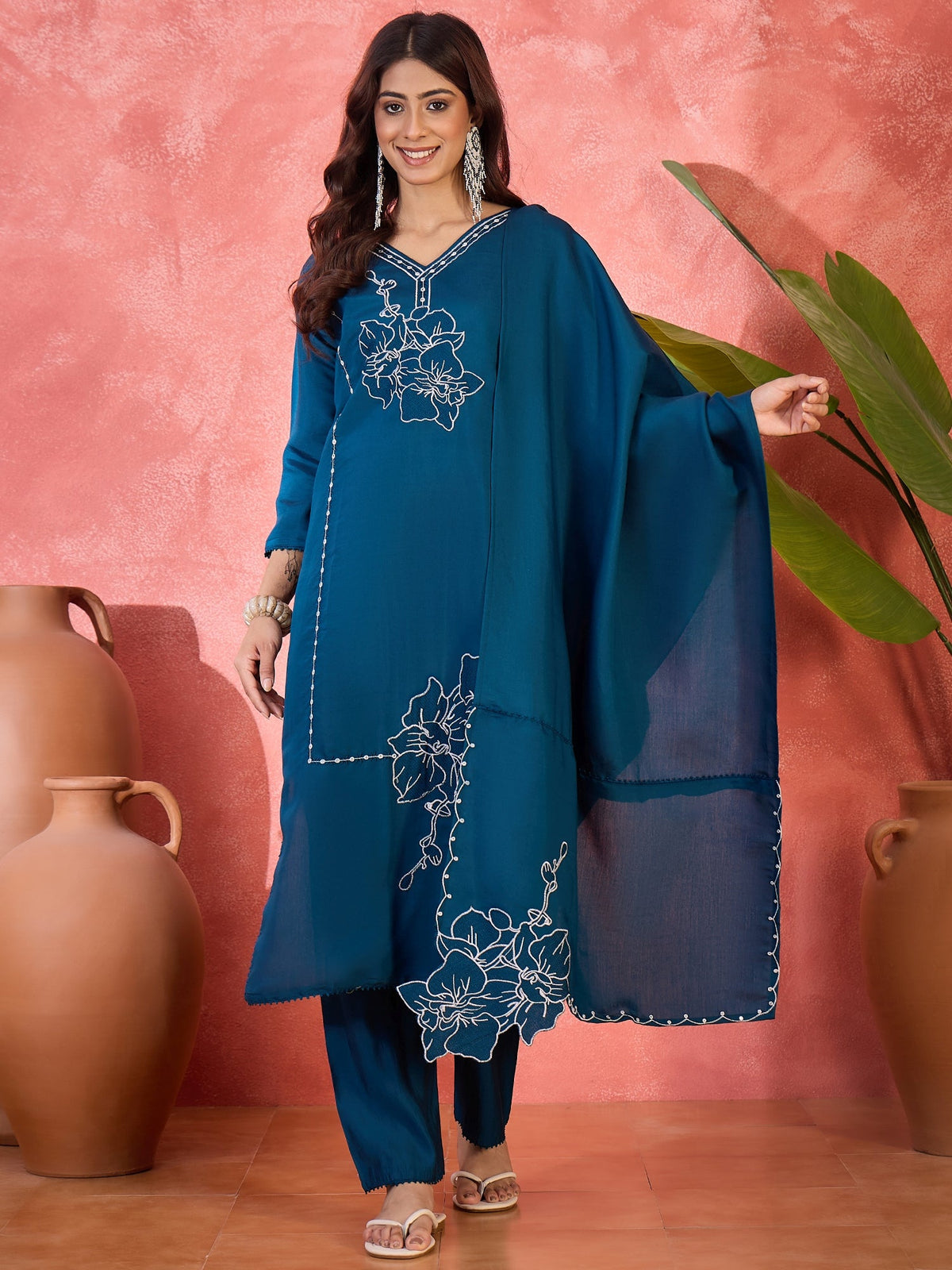 Joban Fashion Teal Silk Embroidery Readymade Kurta Set | Grocsy