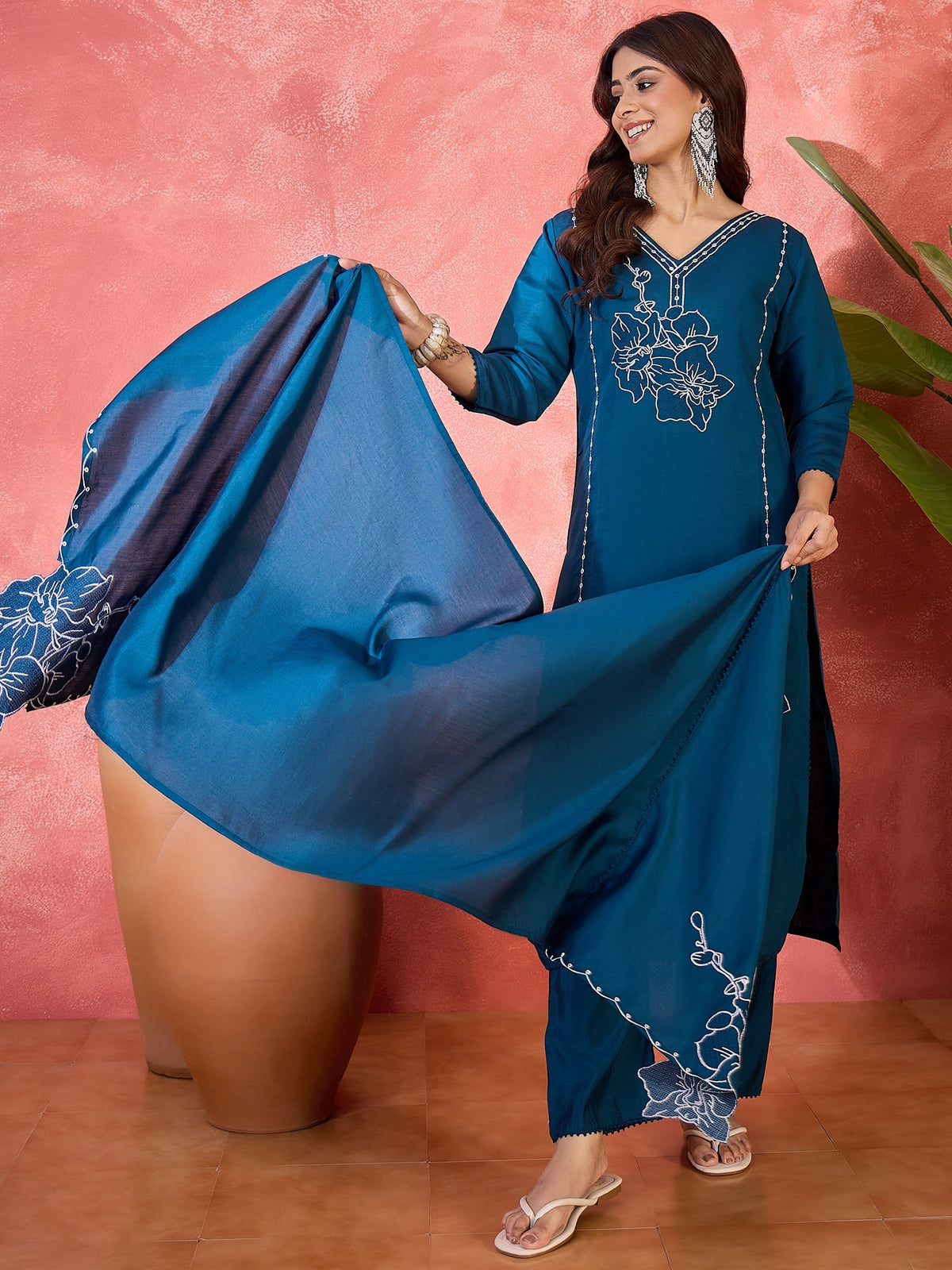 Joban Fashion Teal Silk Embroidery Readymade Kurta Set | Grocsy