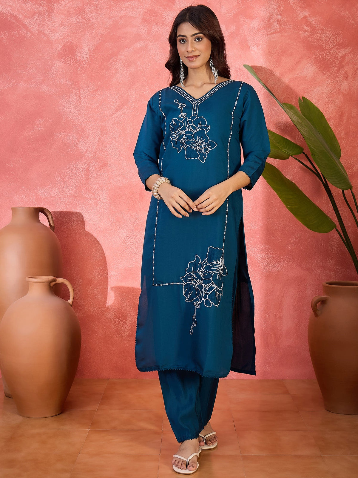 Joban Fashion Teal Silk Embroidery Readymade Kurta Set | Grocsy