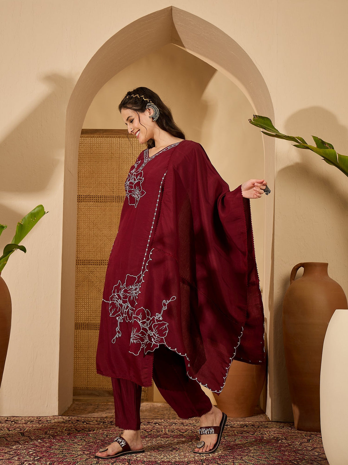 Joban Fashion Maroon Silk Embroidery Readymade Kurta Set | Grocsy