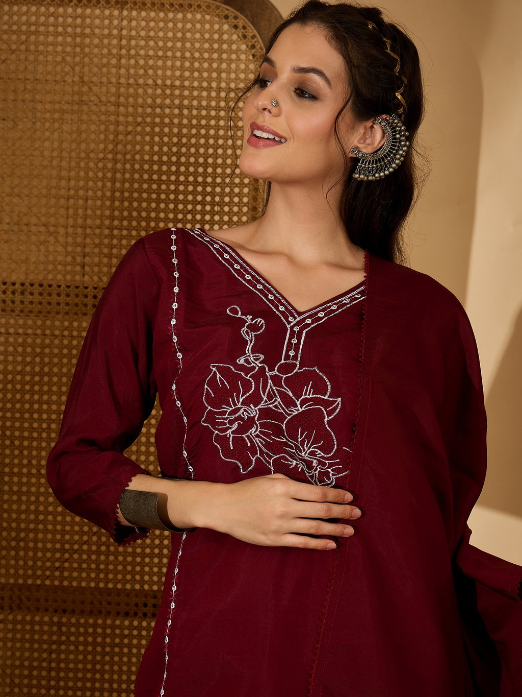 Joban Fashion Maroon Silk Embroidery Readymade Kurta Set | Grocsy