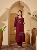 Joban Fashion Maroon Silk Embroidery Readymade Kurta Set | Grocsy