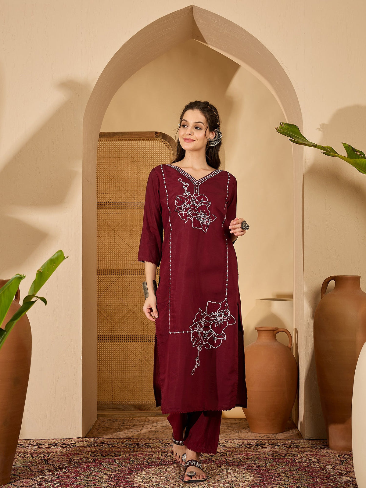 Joban Fashion Maroon Silk Embroidery Readymade Kurta Set | Grocsy