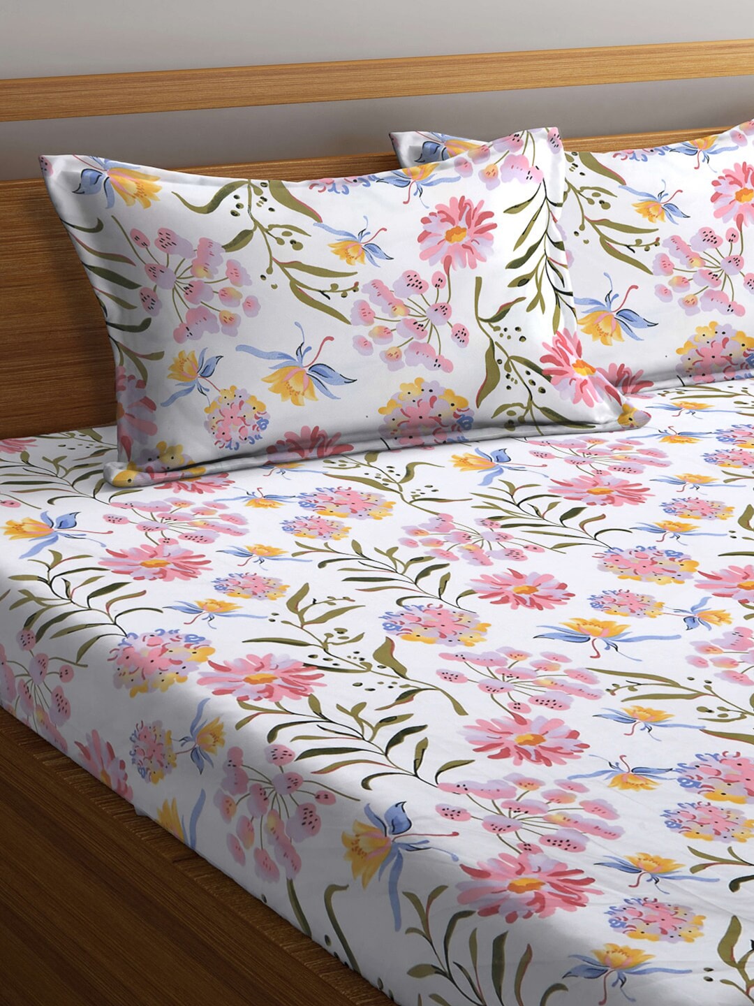 KLOTTHE Floral 300 TC Fitted Super King Bedsheet with 2 Pillow Covers | Grocsy