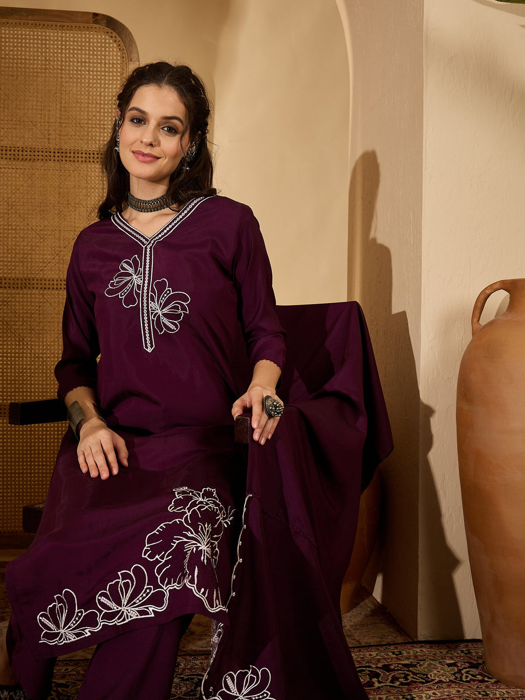 Joban Fashion Purple Silk Embroidery Readymade Kurta Set | Grocsy