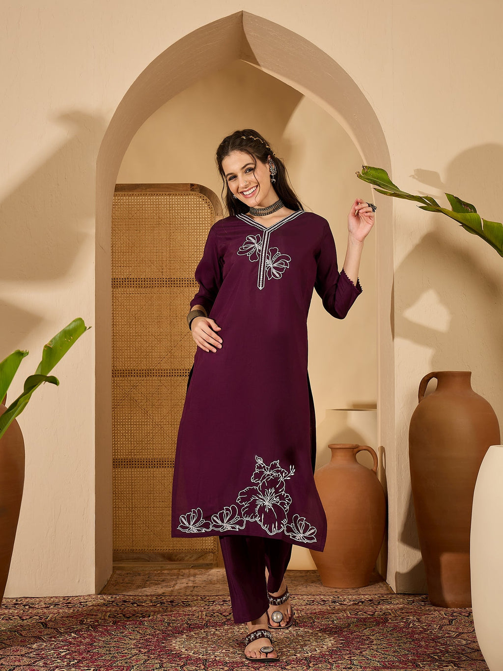Joban Fashion Purple Silk Embroidery Readymade Kurta Set | Grocsy