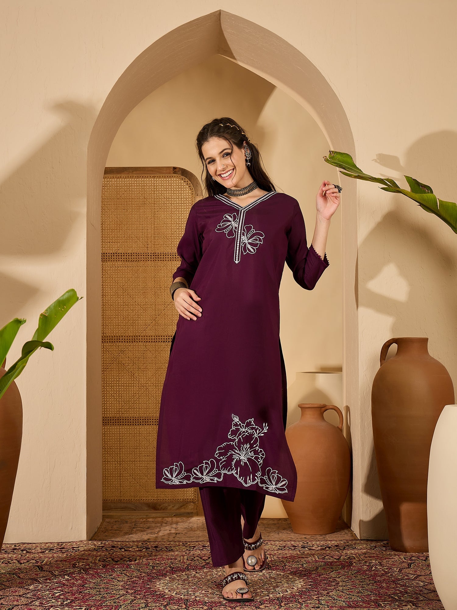 Joban Fashion Purple Silk Embroidery Readymade Kurta Set | Grocsy