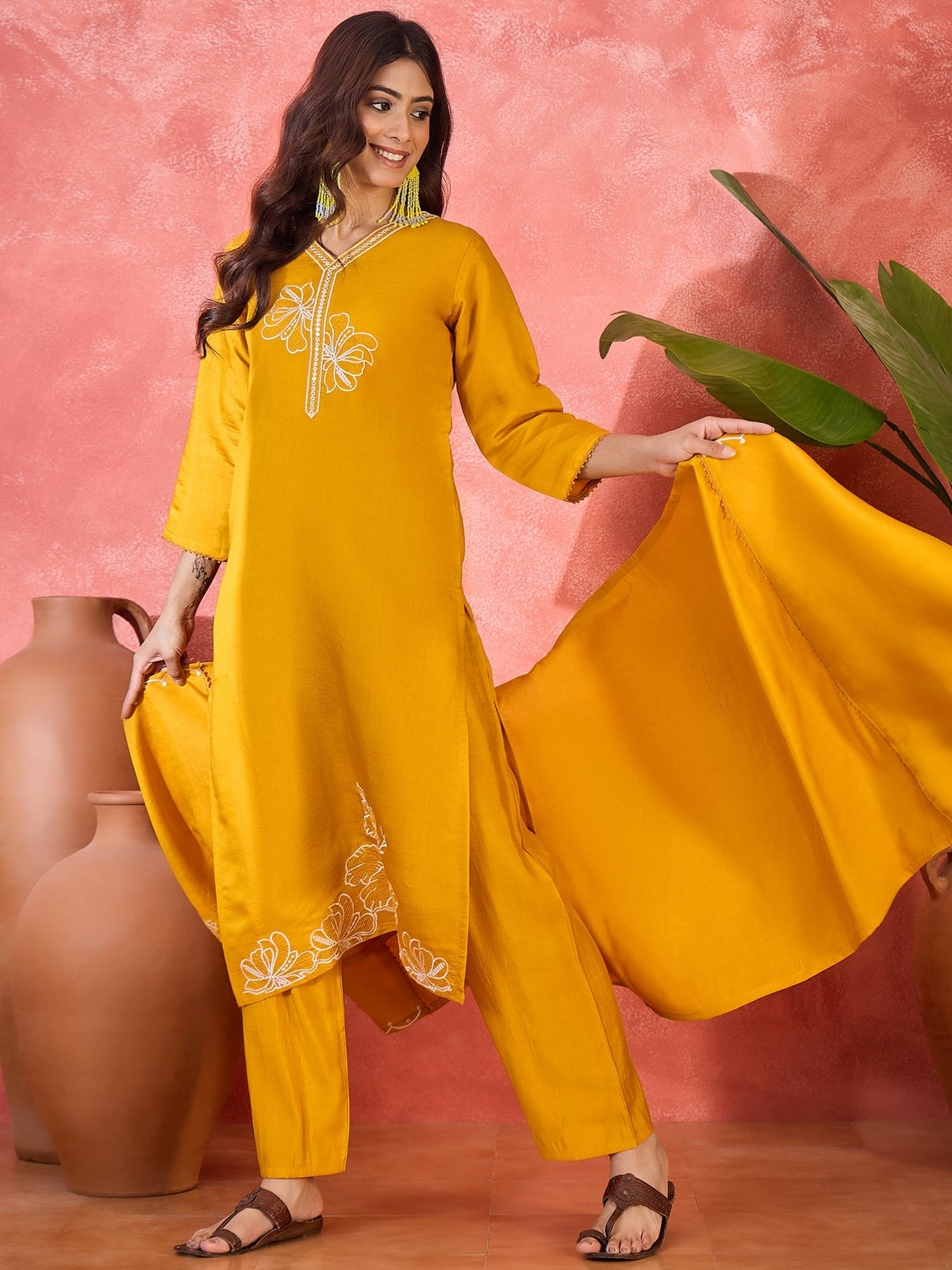 Joban Fashion Yellow Silk Embroidery Readymade Kurta Set | Grocsy