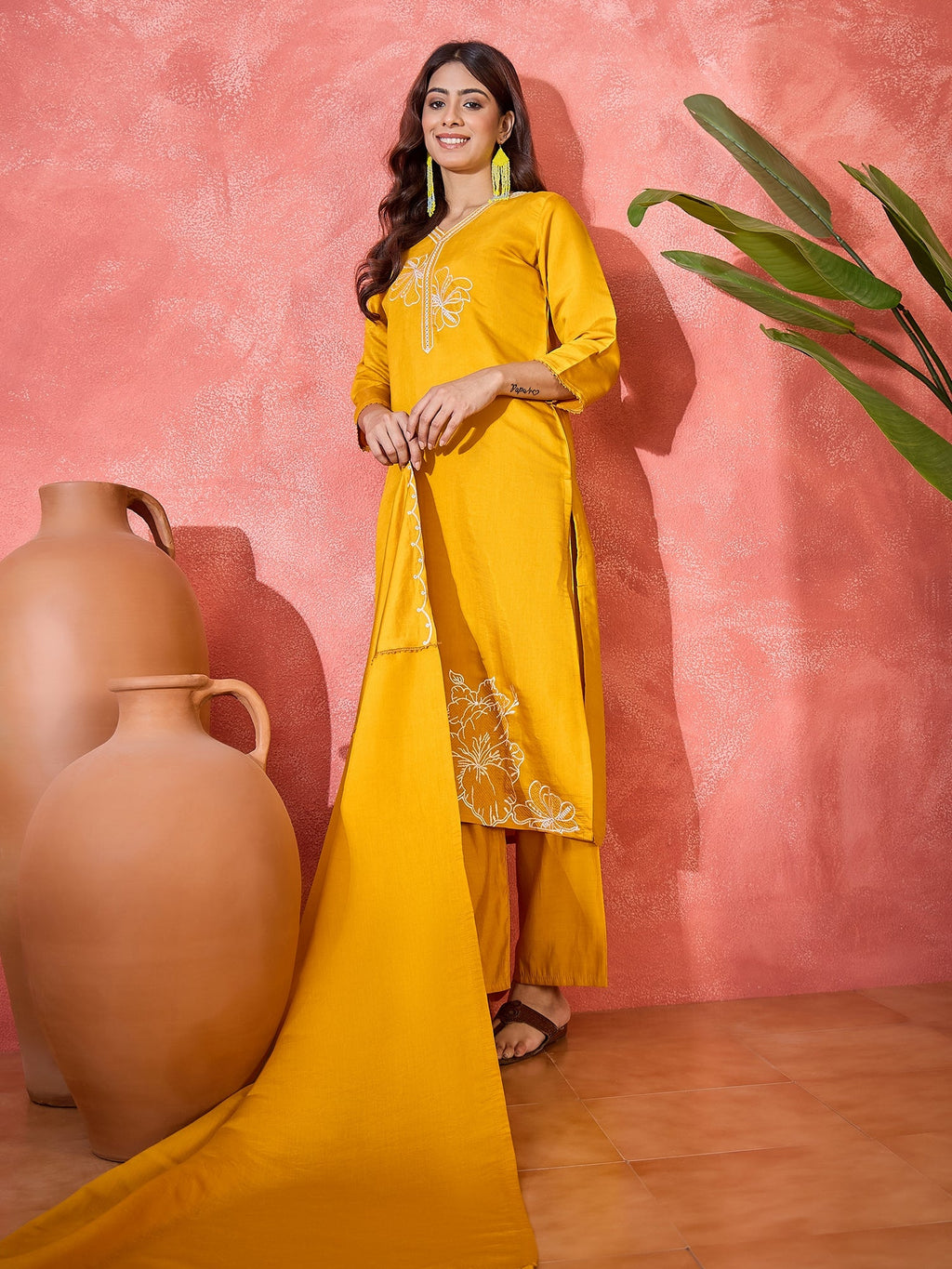 Joban Fashion Yellow Silk Embroidery Readymade Kurta Set | Grocsy