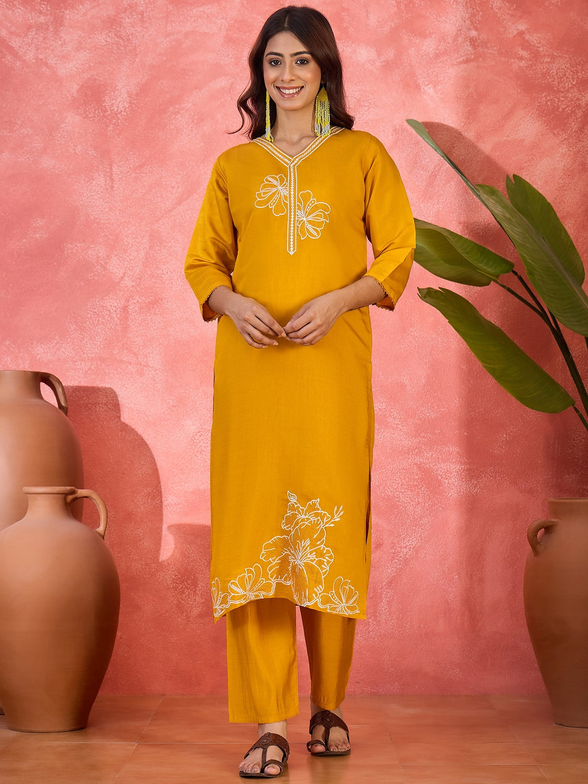 Joban Fashion Yellow Silk Embroidery Readymade Kurta Set | Grocsy