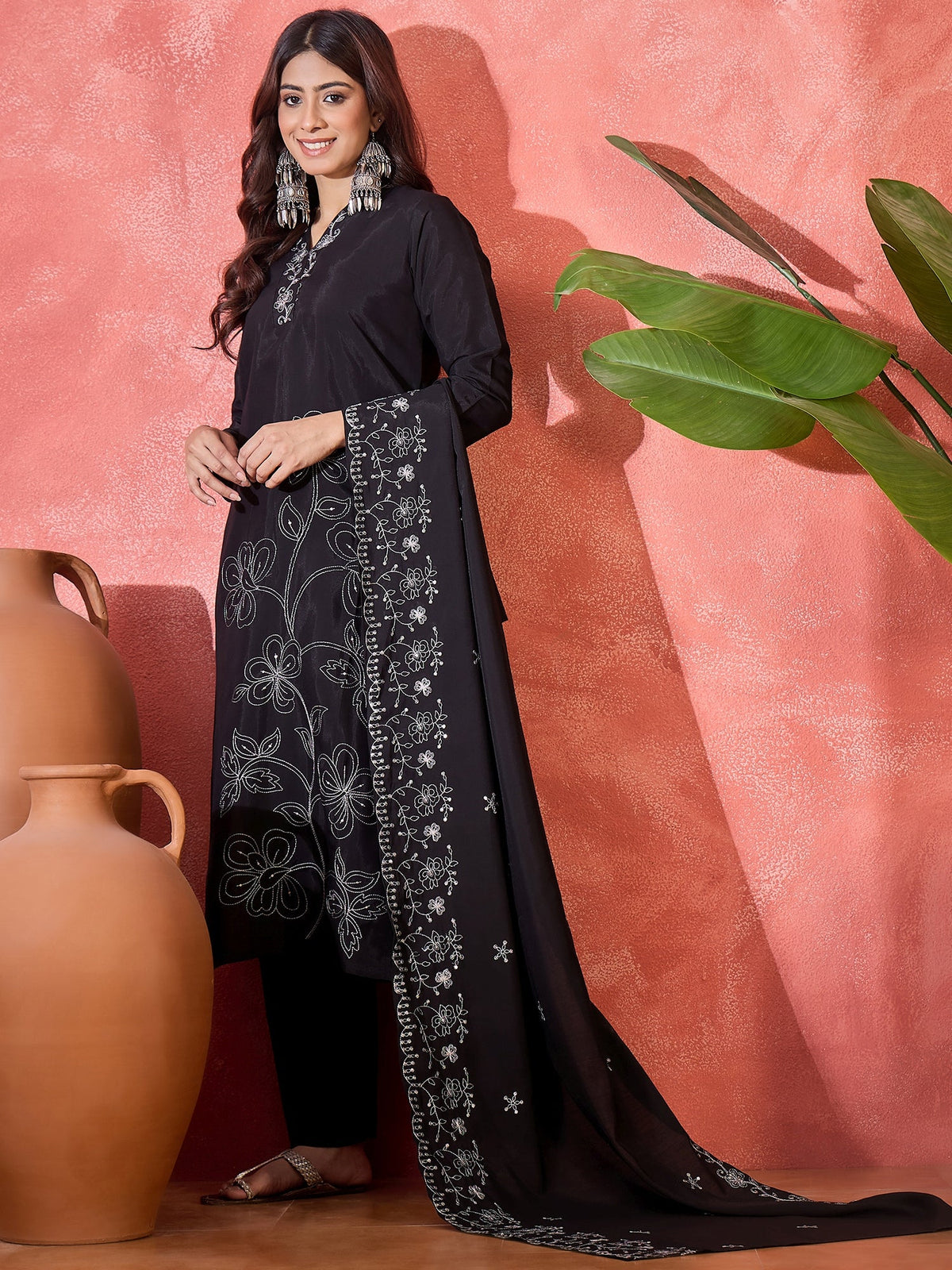 Joban Fashion Black Silk Embroidery Readymade Kurta Set | Grocsy