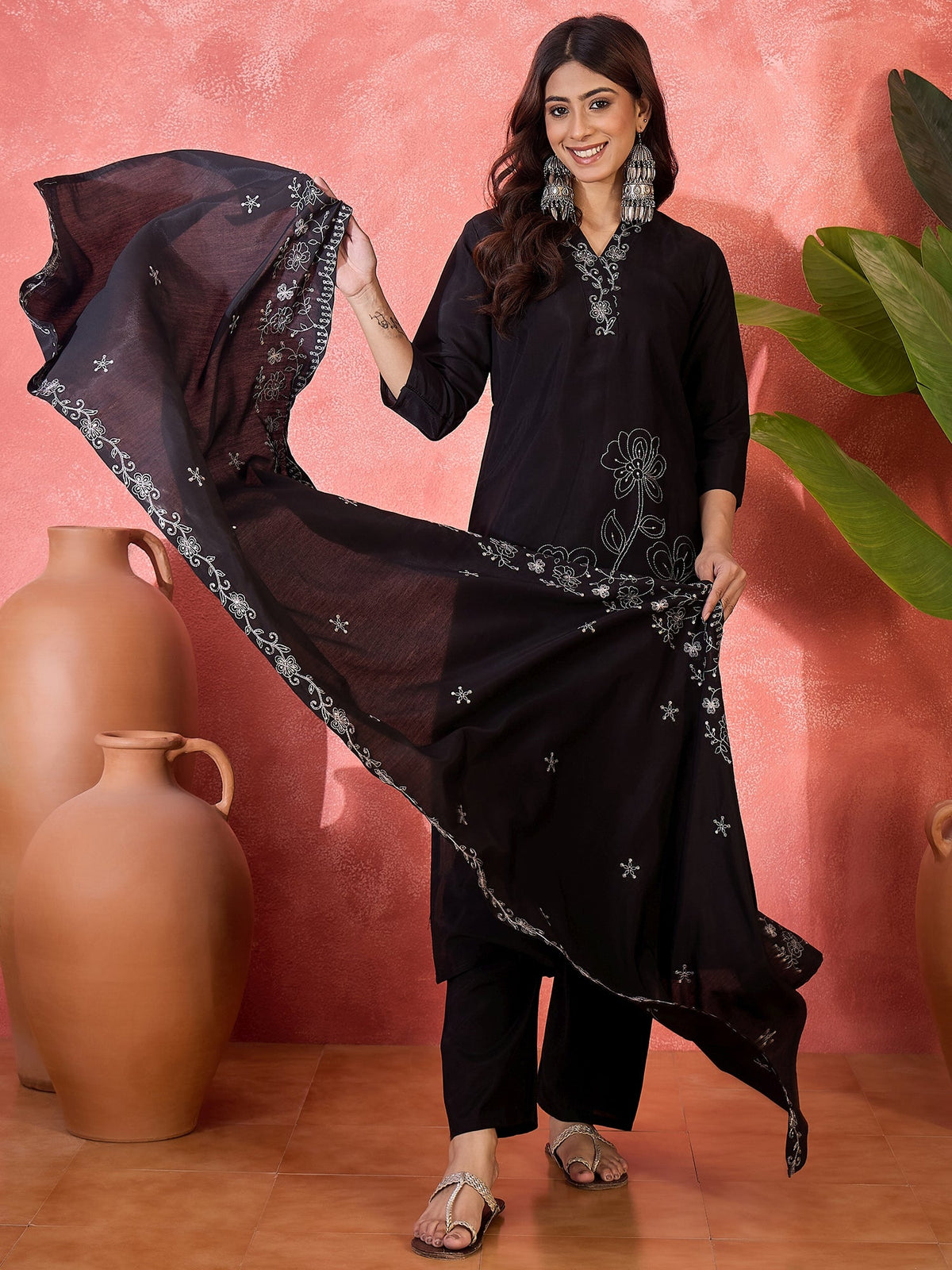 Joban Fashion Black Silk Embroidery Readymade Kurta Set | Grocsy
