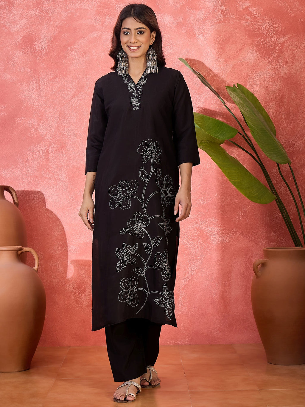 Joban Fashion Black Silk Embroidery Readymade Kurta Set | Grocsy