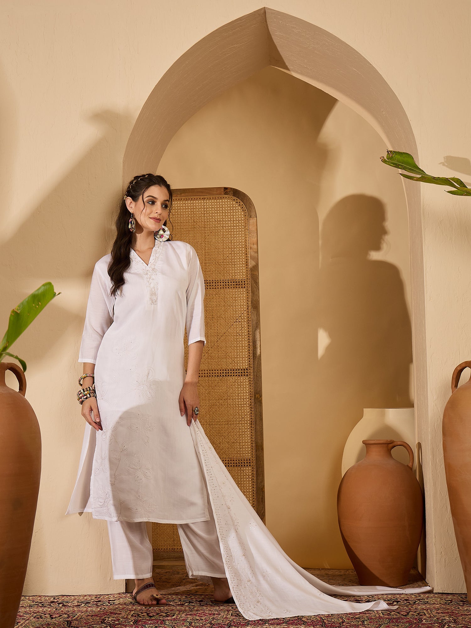 Joban Fashion White Silk Embroidery Readymade Kurta Set | Grocsy