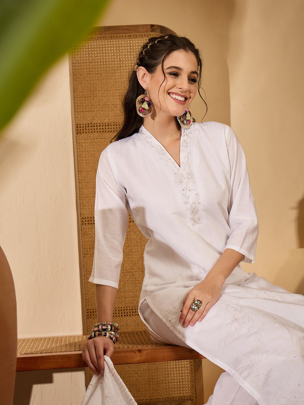 Joban Fashion White Silk Embroidery Readymade Kurta Set | Grocsy