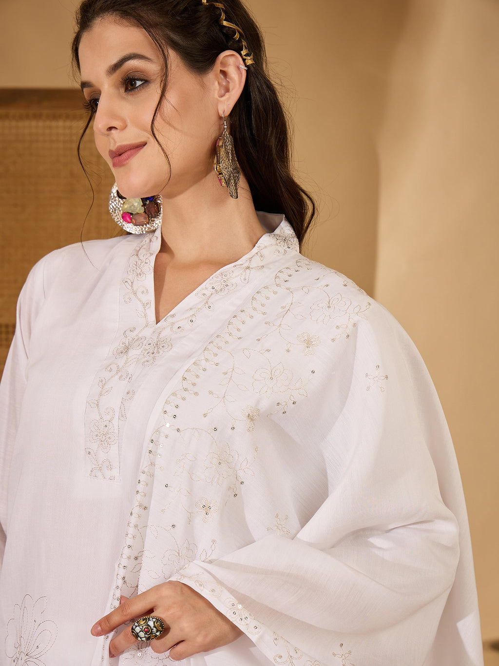 Joban Fashion White Silk Embroidery Readymade Kurta Set | Grocsy
