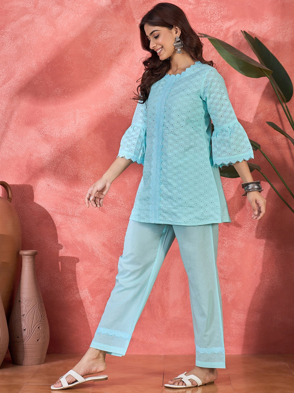 Joban Fashion Sky Blue Cotton Embroidery Readymade Kurta Set | Grocsy