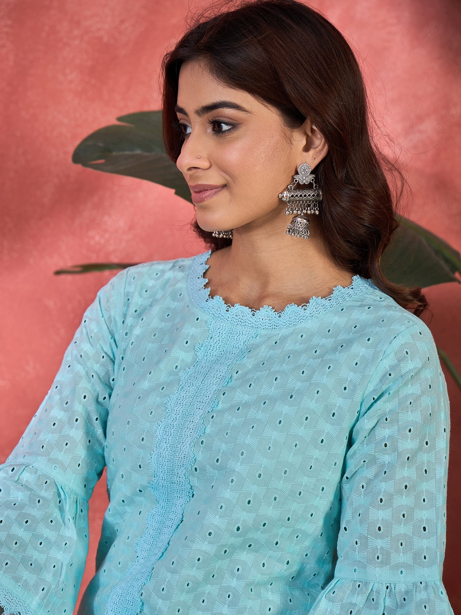 Joban Fashion Sky Blue Cotton Embroidery Readymade Kurta Set | Grocsy