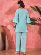 Joban Fashion Sky Blue Cotton Embroidery Readymade Kurta Set | Grocsy
