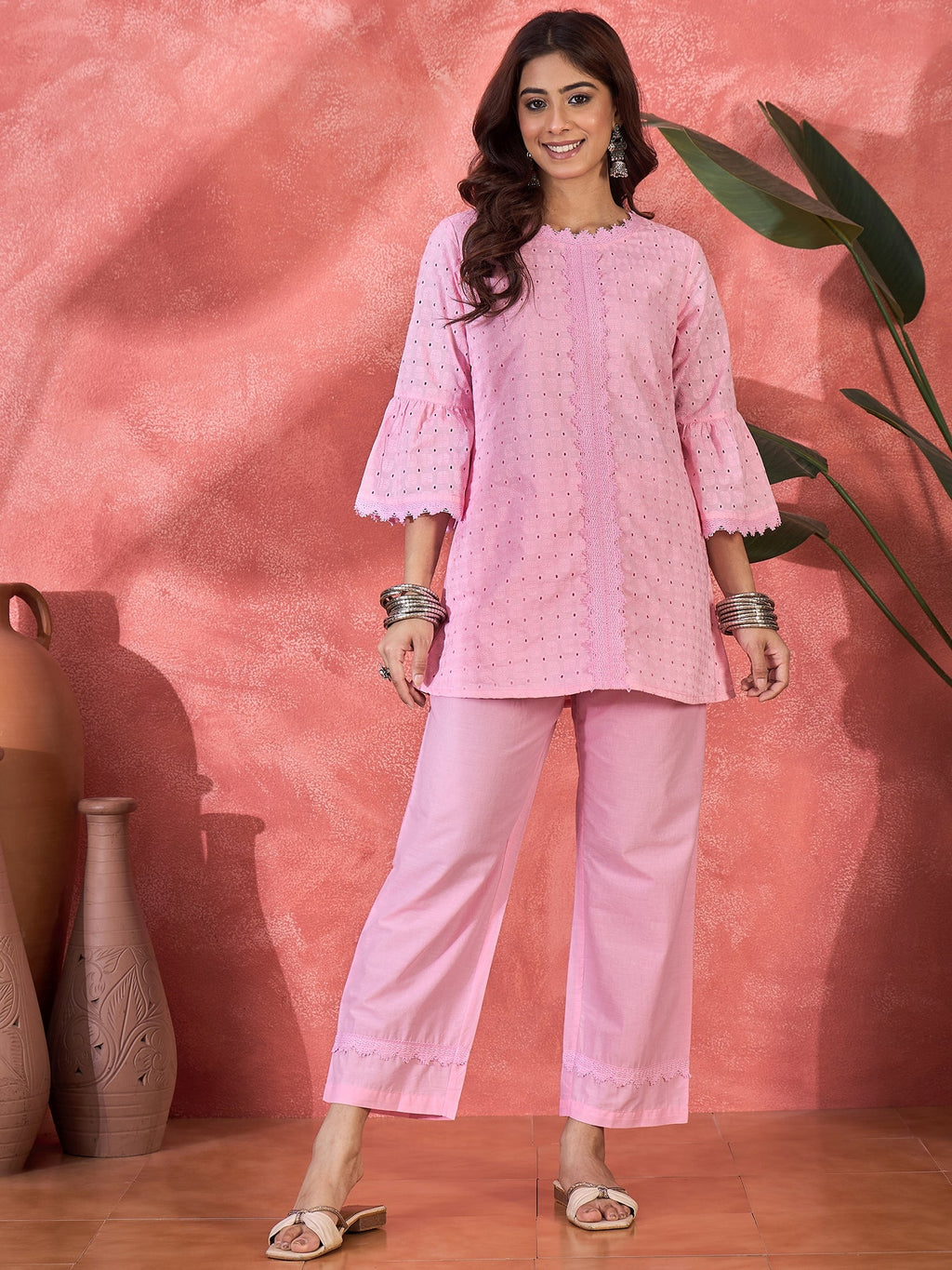Joban Fashion Pink Cotton Embroidery Readymade Kurta Set | Grocsy