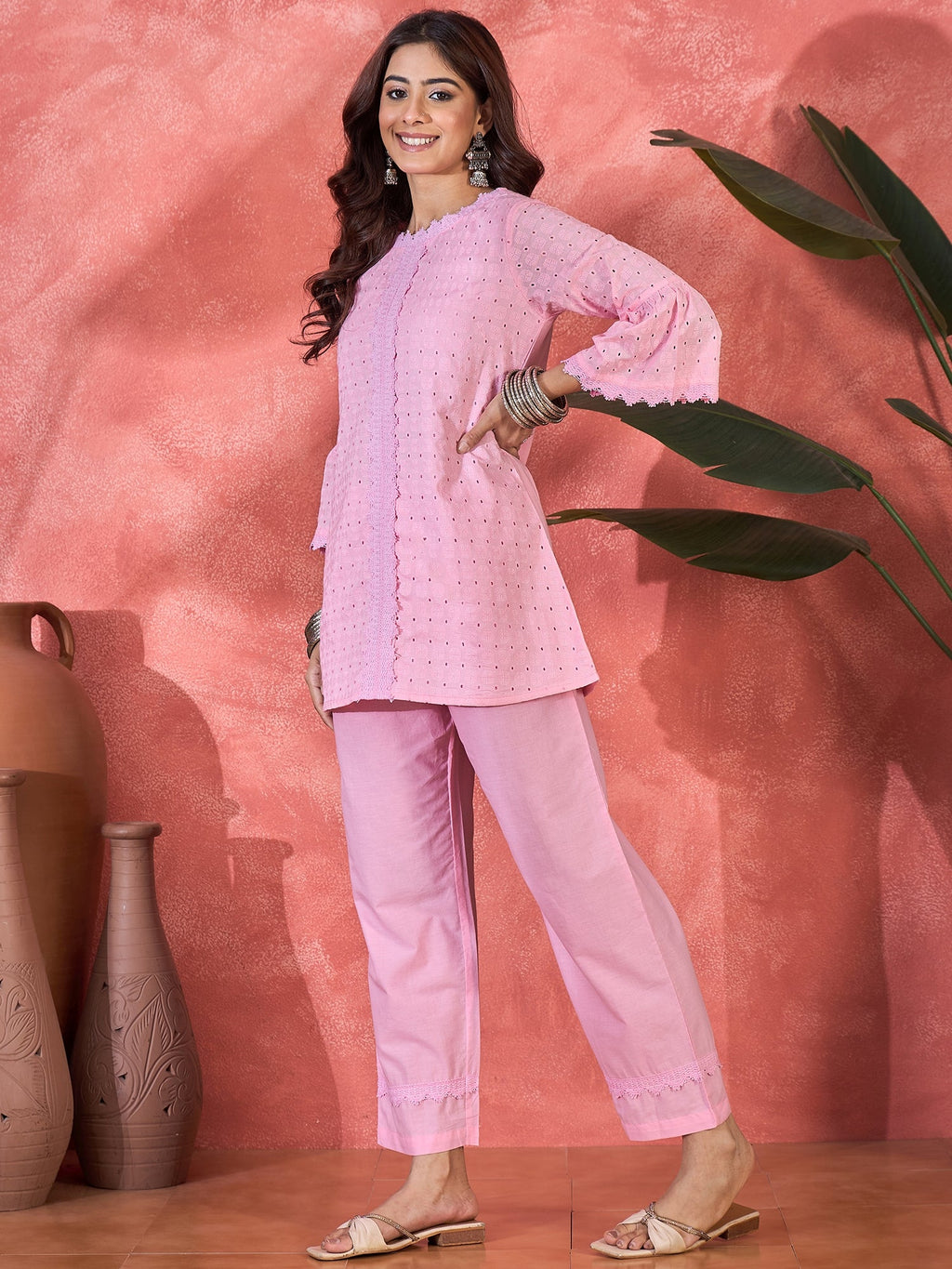 Joban Fashion Pink Cotton Embroidery Readymade Kurta Set | Grocsy