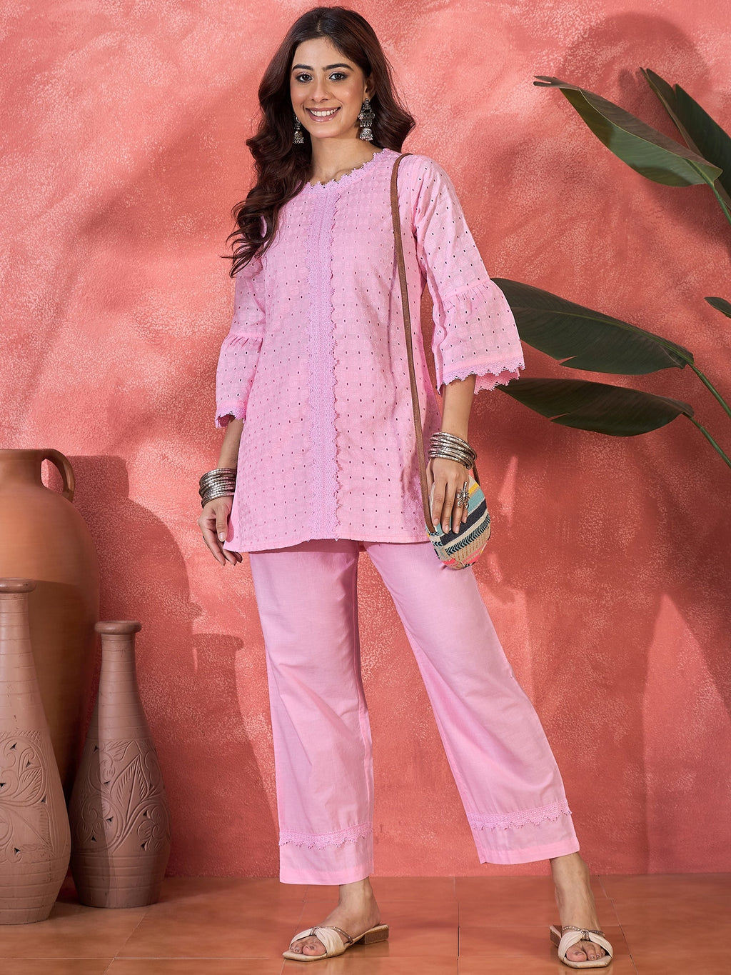 Joban Fashion Pink Cotton Embroidery Readymade Kurta Set | Grocsy