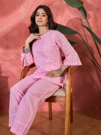 Joban Fashion Pink Cotton Embroidery Readymade Kurta Set | Grocsy