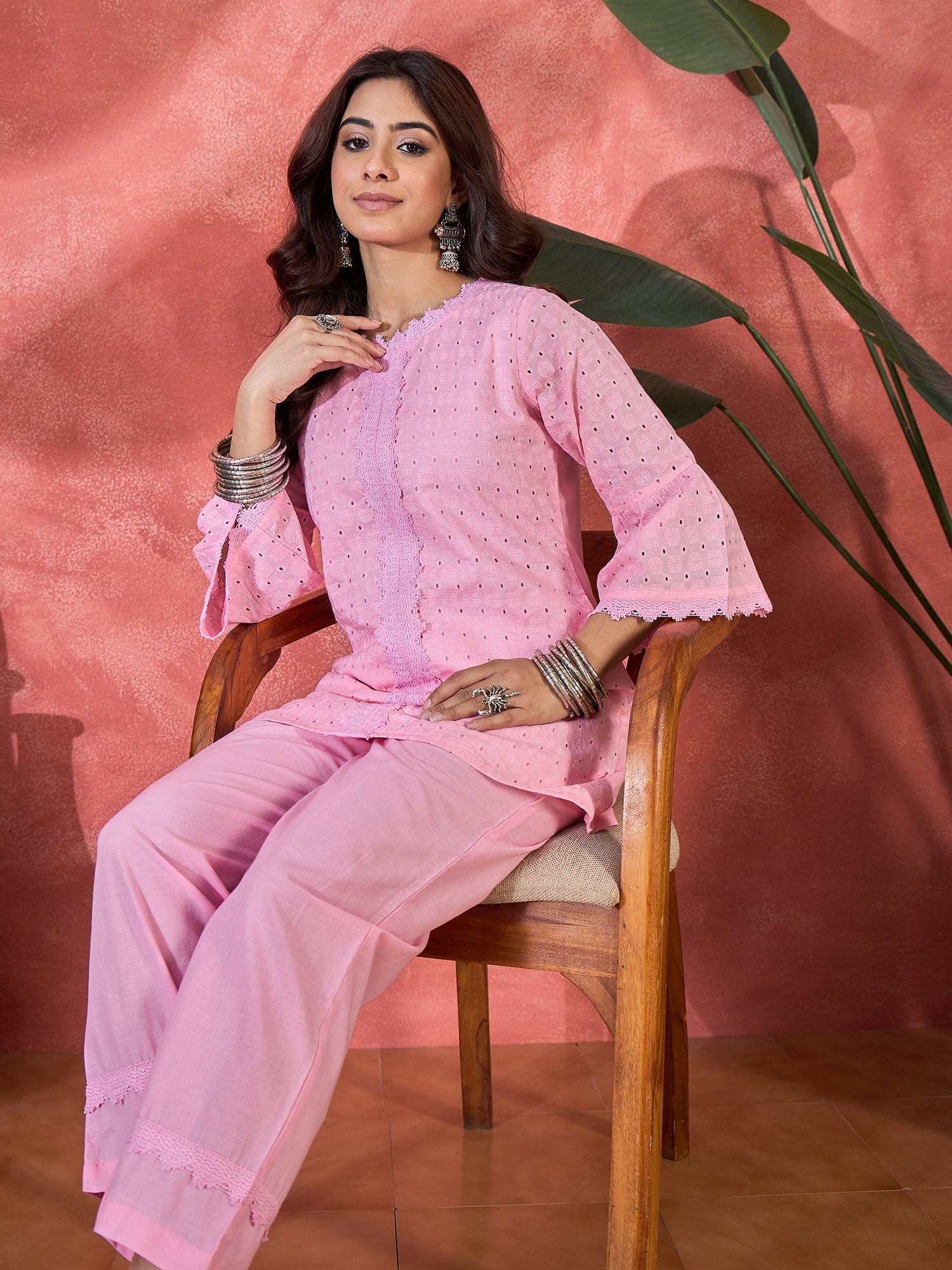 Joban Fashion Pink Cotton Embroidery Readymade Kurta Set | Grocsy