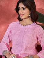 Joban Fashion Pink Cotton Embroidery Readymade Kurta Set | Grocsy