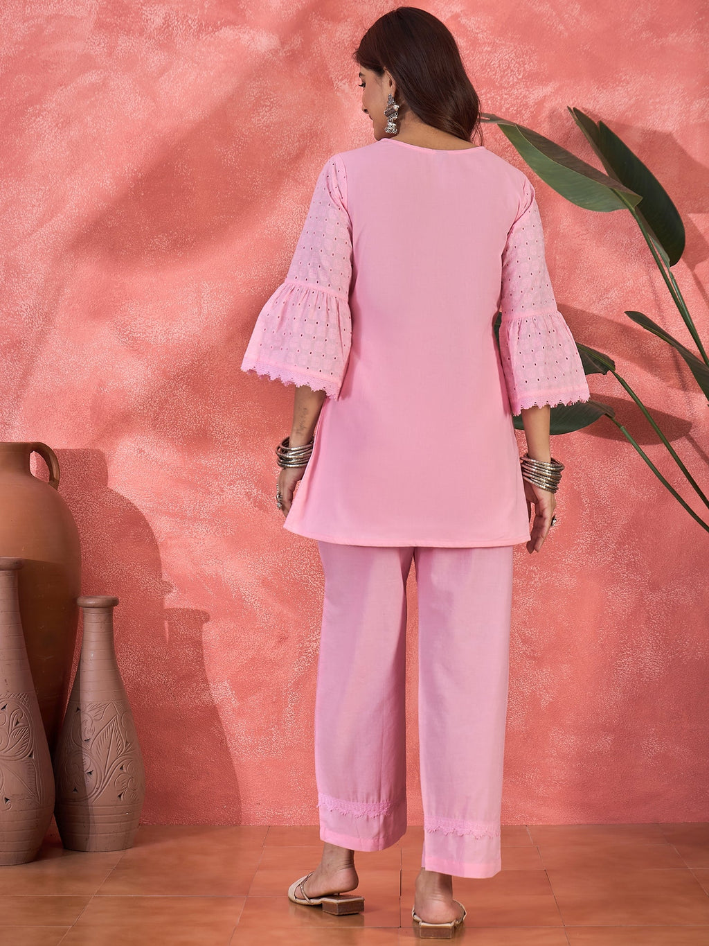 Joban Fashion Pink Cotton Embroidery Readymade Kurta Set | Grocsy