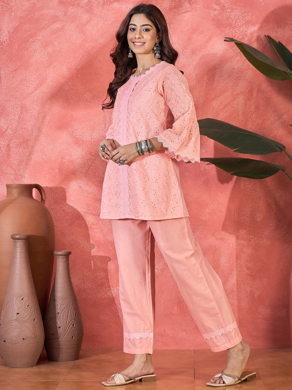 Joban Fashion Peach Cotton Embroidery Readymade Kurta Set | Grocsy