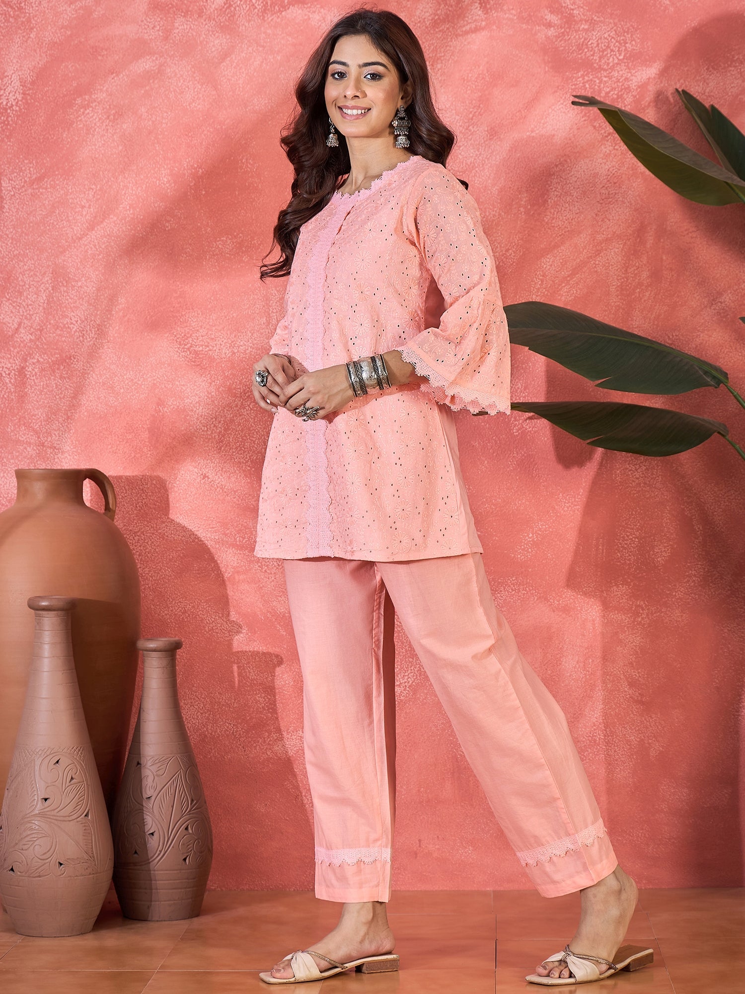 Joban Fashion Peach Cotton Embroidery Readymade Kurta Set | Grocsy