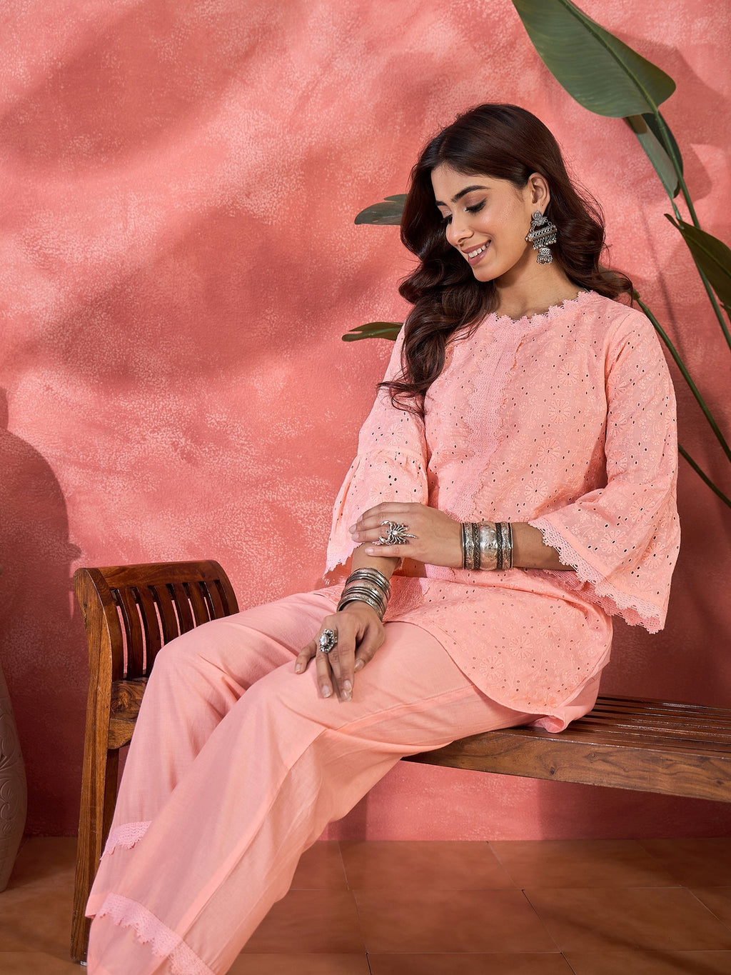 Joban Fashion Peach Cotton Embroidery Readymade Kurta Set | Grocsy