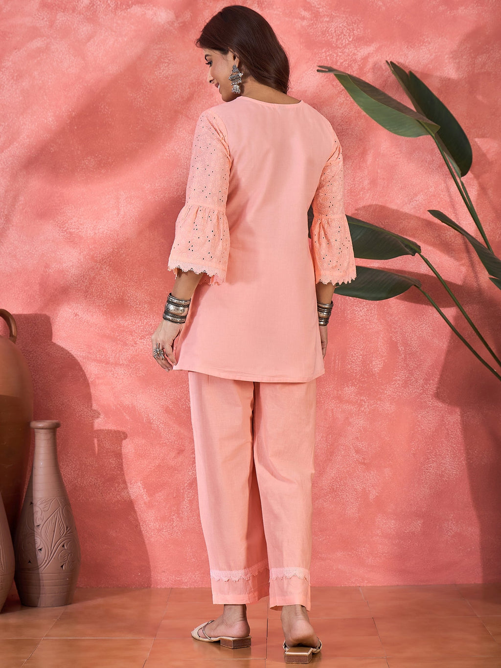 Joban Fashion Peach Cotton Embroidery Readymade Kurta Set | Grocsy
