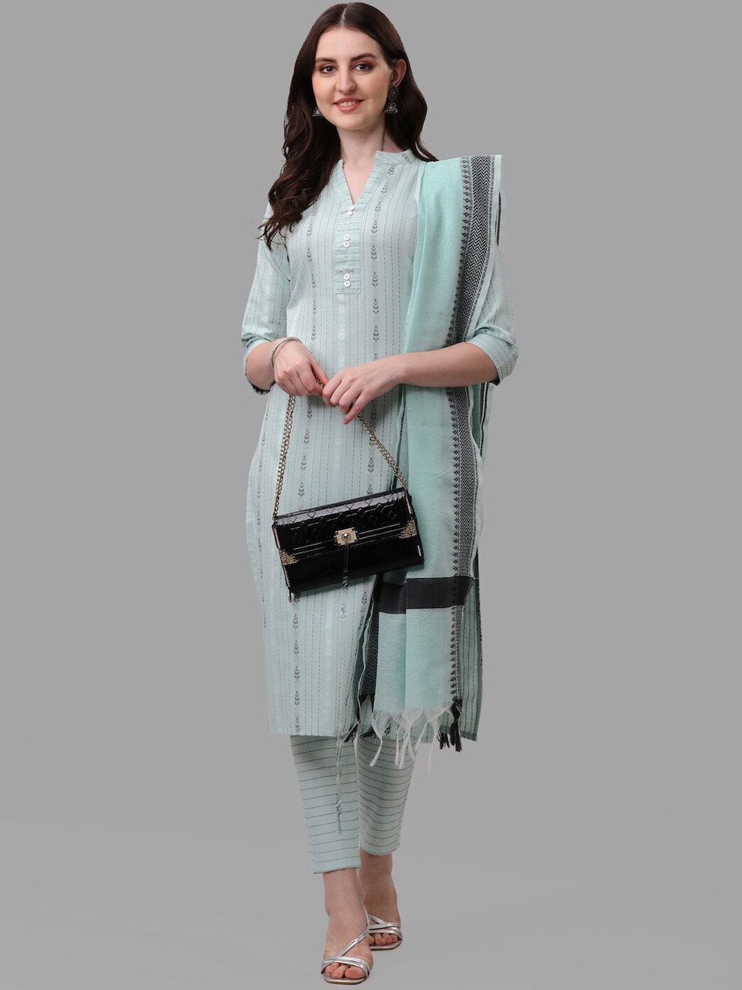 HERE&NOW Turquoise Blue Striped Regular Pure Cotton Kurta With Trousers & Dupatta | Grocsy